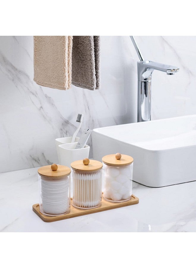 Tbestmax حامل أعواد القطن/الكرات/الوسادات Tbestmax سعة 10 أونص مع صينية تجميل، جرة صيدلية Qtip، حاويات حمام شفافة موزع للتخزين 3 عبوات بأغطية خشبية - Image 4