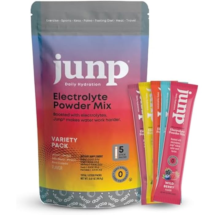 JUNP حزم مسحوق الإلكتروليت خالي من السكر من JUNP للترطيب الفوري بالماء مع الملح والبوتاسيوم، مشروب إلكتروليت كيتو خالي من السعرات الحرارية بدون كربوهيدرات وبدون سكر، مجموعة متنوعة من 5 نكهات، 5 حزم - Image 1