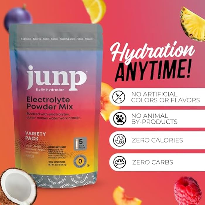 JUNP حزم مسحوق الإلكتروليت خالي من السكر من JUNP للترطيب الفوري بالماء مع الملح والبوتاسيوم، مشروب إلكتروليت كيتو خالي من السعرات الحرارية بدون كربوهيدرات وبدون سكر، مجموعة متنوعة من 5 نكهات، 5 حزم - Image 2