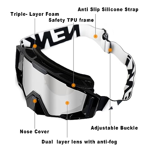NENKI Dirt Bike Goggles with Nose Cover - Motocross & Off Road Goggles for Unisex Adults (Black Frame & Silver Lens) - Image 3