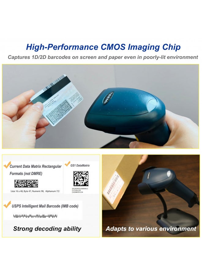 TEEMI - TEEMI 2D QR Barcode Scanner, USB Wired Virtual COM Port Handheld Omnidirectional Scanning, Digital Coupon Screen Code Driver License Scan for Mac OS and Android with OTG Adapter, Window PC, Linux - Image 1