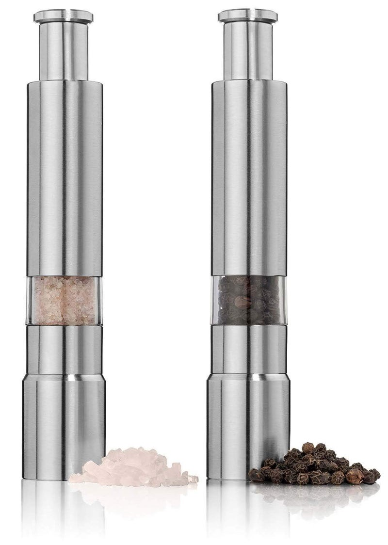 HEVASNEK Electric Salt Pepper Black Grinder Set Spice Grinders and Mill Shaker Thumb Press Stainless Steel Silver Miller Hand Crusher Machine with Stylish Design for Grinding Kitchen Pack of 1 - Image 1