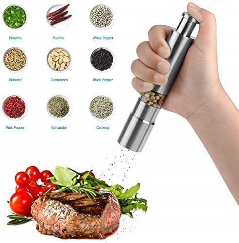 HEVASNEK Electric Salt Pepper Black Grinder Set Spice Grinders and Mill Shaker Thumb Press Stainless Steel Silver Miller Hand Crusher Machine with Stylish Design for Grinding Kitchen Pack of 1 - Image 5