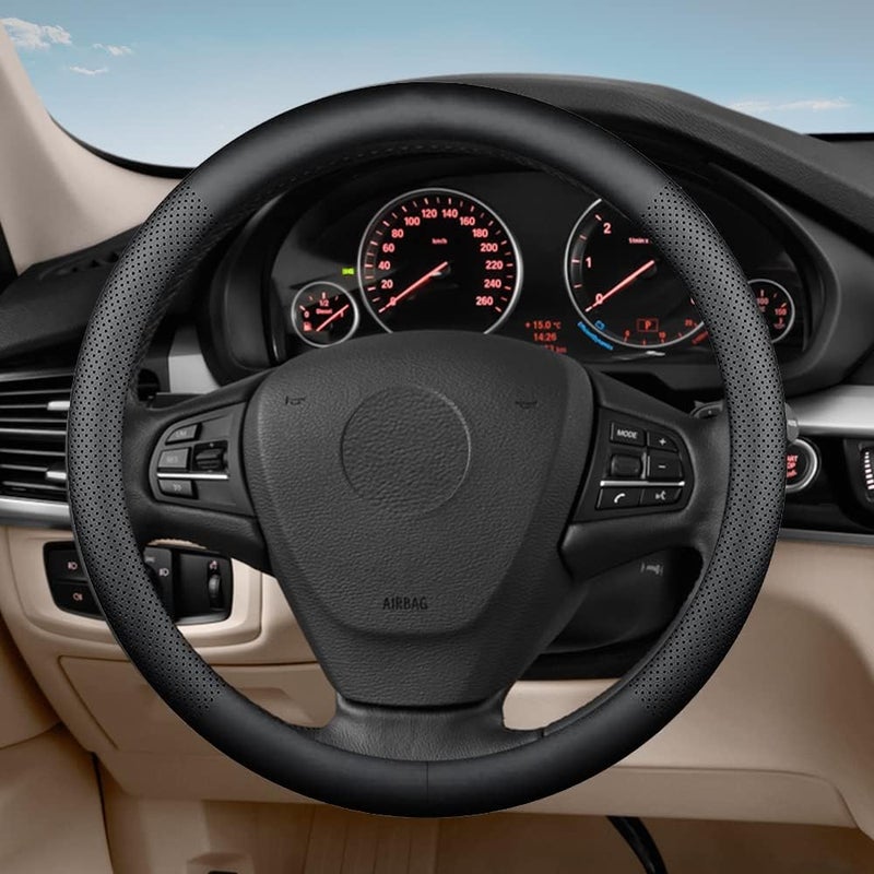 VARGTR Car Steering Wheel Cover,Universal 15 Inch Premium Leather Car Steering Wheel Cover,Best Grip,Perforated Design,Breathable,Non-Slip,Sweat-Absorbent,Warm in Winter and Cool in Summer (Black) - Image 3