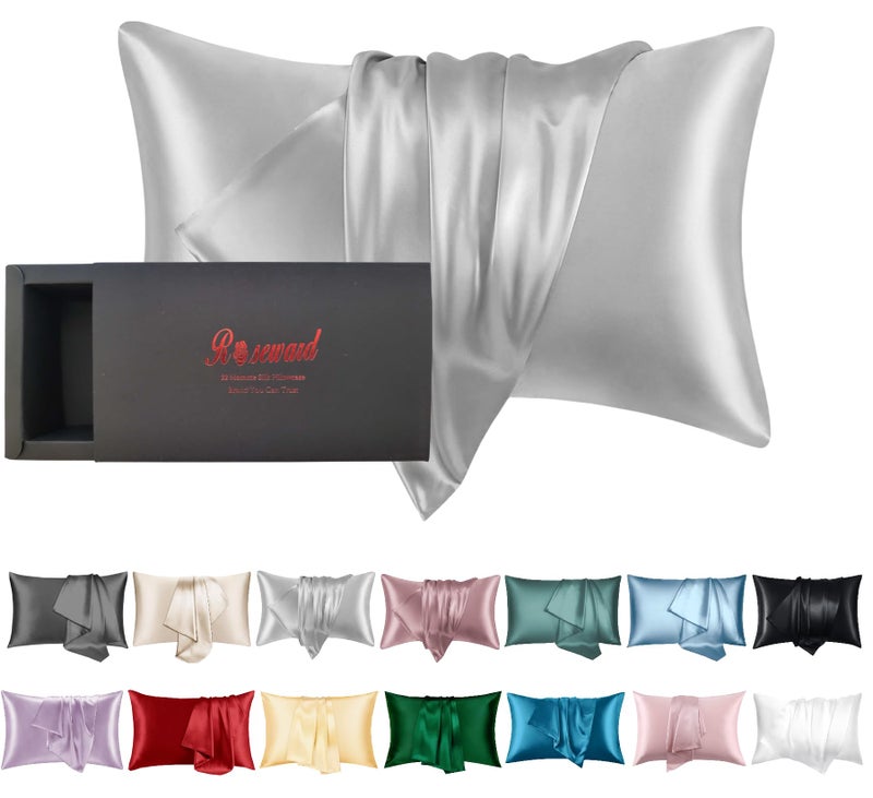 ROSEWARD Gray Silk Pillowcase King for Hair and Skin Made in USA  Real 22 Momme Silk Anti Acne Pillow Cases with Zipper  100% Silk Pillowcase  Anti Wrinkle  Anti Aging  Acne Free  1 Pc 20""x36"" (King  Grey) - Image 1