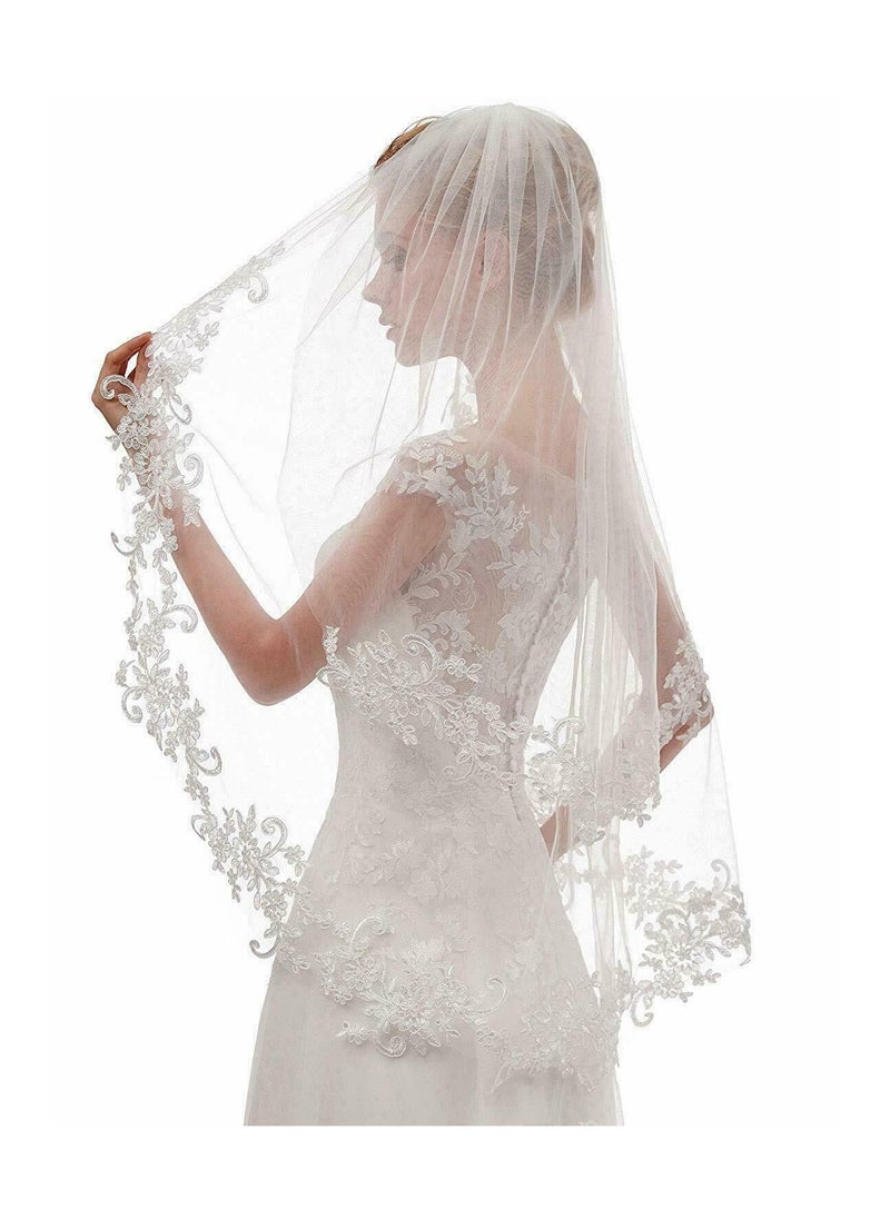MEBEGIN - Women's Short Lace Wedding Bridal Veil With Comb 90cm White Ivory Embroidered Applique Veil for Bridal - Image 1