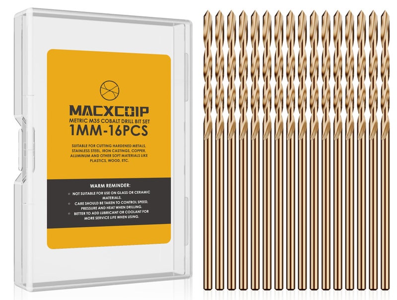 MACXCOIP Metric 16Pcs M35 Cobalt Drill Bit Set, 1mm HSS Cobalt Jobber Drill Bits, for Hardened Metals, Stainless Steel, Cast Iron and Wooden Plastics - Image 1