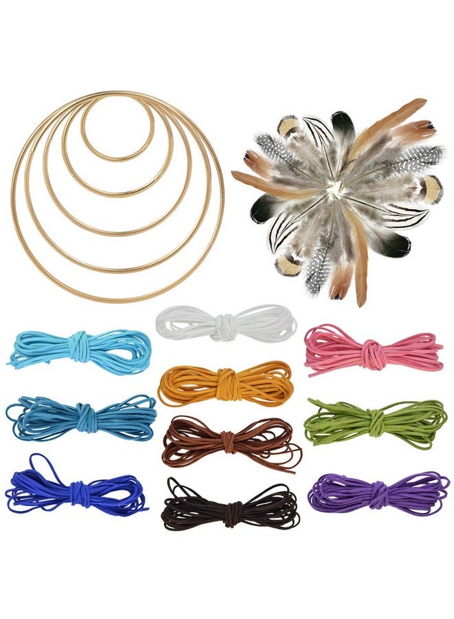Nydotd 125Pcs Dream Catcher Making Kit 15 Pcs Metal Rings Hoops Macrame Ring In 5 Size Gold 100Pcs 6 Styled Feathers 10 Pcs 3 Mm Faux Suede Cord For Dream Catcher Crafts Birthday Party - Image 1