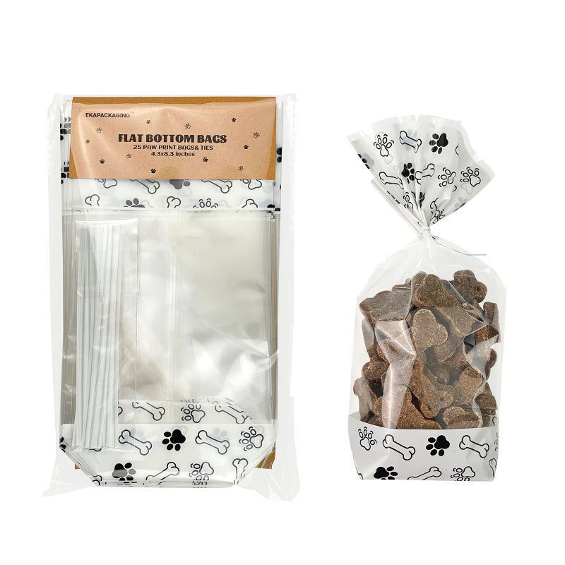 EKAPACKAGING 25 Pack 4.3x8.3 Inch Clear Paw Print Dog Treat Bags with Twist Ties Flat Bottom Cellophane Goodie Bags for Pet Party Favors Birthday Gifts Retail Packaging Homemade Treats - Image 1