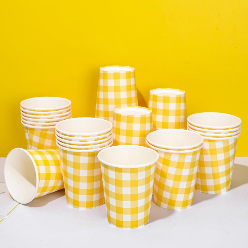 Whaline أكواب ورقية مزخرفة من وايلين 50 قطعة بنمط مربعات الجاموس الأصفر والأبيض أكواب قابلة للتصرف لأحزاب الزينة لأجل المشروبات الباردة والساخنة 9 أونصات - Image 1