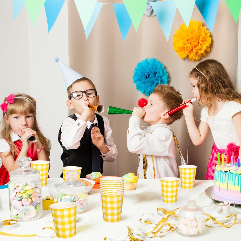 Whaline أكواب ورقية مزخرفة من وايلين 50 قطعة بنمط مربعات الجاموس الأصفر والأبيض أكواب قابلة للتصرف لأحزاب الزينة لأجل المشروبات الباردة والساخنة 9 أونصات - Image 4