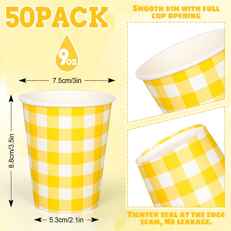 Whaline أكواب ورقية مزخرفة من وايلين 50 قطعة بنمط مربعات الجاموس الأصفر والأبيض أكواب قابلة للتصرف لأحزاب الزينة لأجل المشروبات الباردة والساخنة 9 أونصات - Image 2