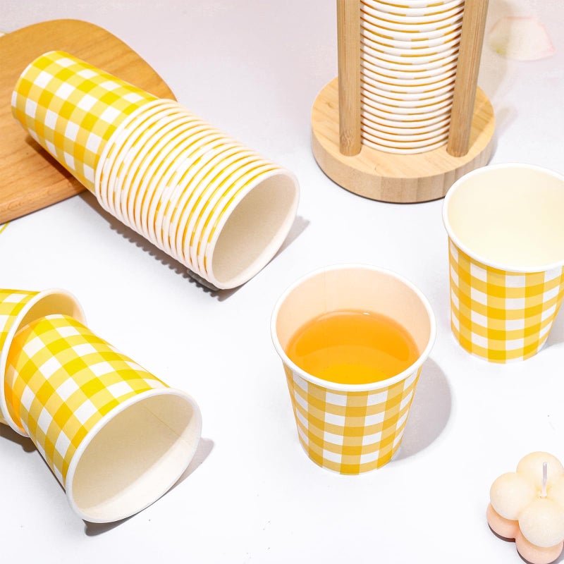 Whaline أكواب ورقية مزخرفة من وايلين 50 قطعة بنمط مربعات الجاموس الأصفر والأبيض أكواب قابلة للتصرف لأحزاب الزينة لأجل المشروبات الباردة والساخنة 9 أونصات - Image 3