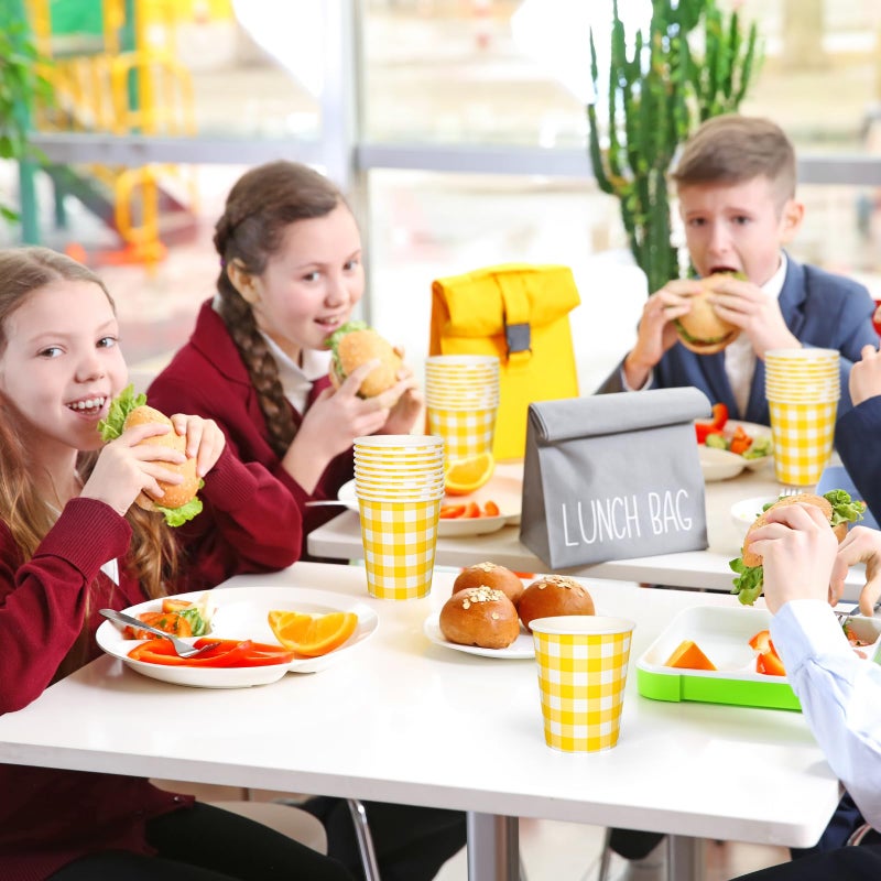 Whaline أكواب ورقية مزخرفة من وايلين 50 قطعة بنمط مربعات الجاموس الأصفر والأبيض أكواب قابلة للتصرف لأحزاب الزينة لأجل المشروبات الباردة والساخنة 9 أونصات - Image 5