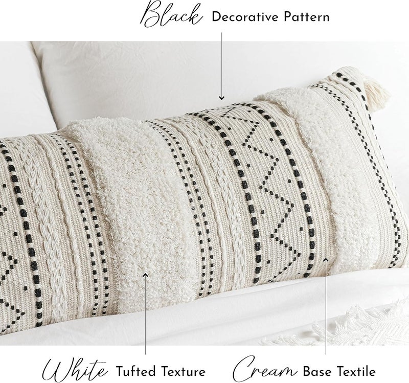 BlissBlush Decorative Lumbar Throw Pillow Cover 14x36 Boho Long Cushion for Bed Black Neutral White Accent Farmhouse Pillowcase for Bedroom Living Room Couch Sofa Home Décor Cover ONLY - Image 5