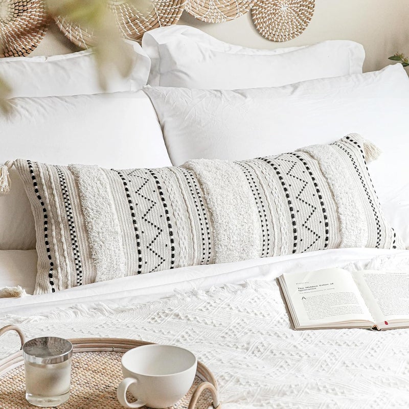 BlissBlush Decorative Lumbar Throw Pillow Cover 14x36 Boho Long Cushion for Bed Black Neutral White Accent Farmhouse Pillowcase for Bedroom Living Room Couch Sofa Home Décor Cover ONLY - Image 1