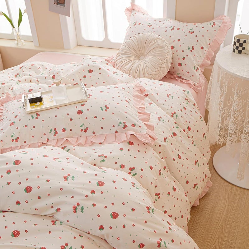 MKXI Strawberry Print Comforter Set - Pink and White Ruffled Bedding with Floral Accents, Soft Microfiber, 3-Piece Queen Size, Lightweight and Cozy for Kids, Teens, and Adults - Image 2