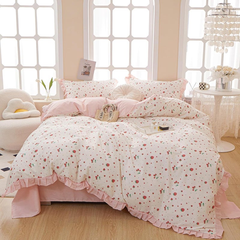 MKXI Strawberry Print Comforter Set - Pink and White Ruffled Bedding with Floral Accents, Soft Microfiber, 3-Piece Queen Size, Lightweight and Cozy for Kids, Teens, and Adults - Image 4