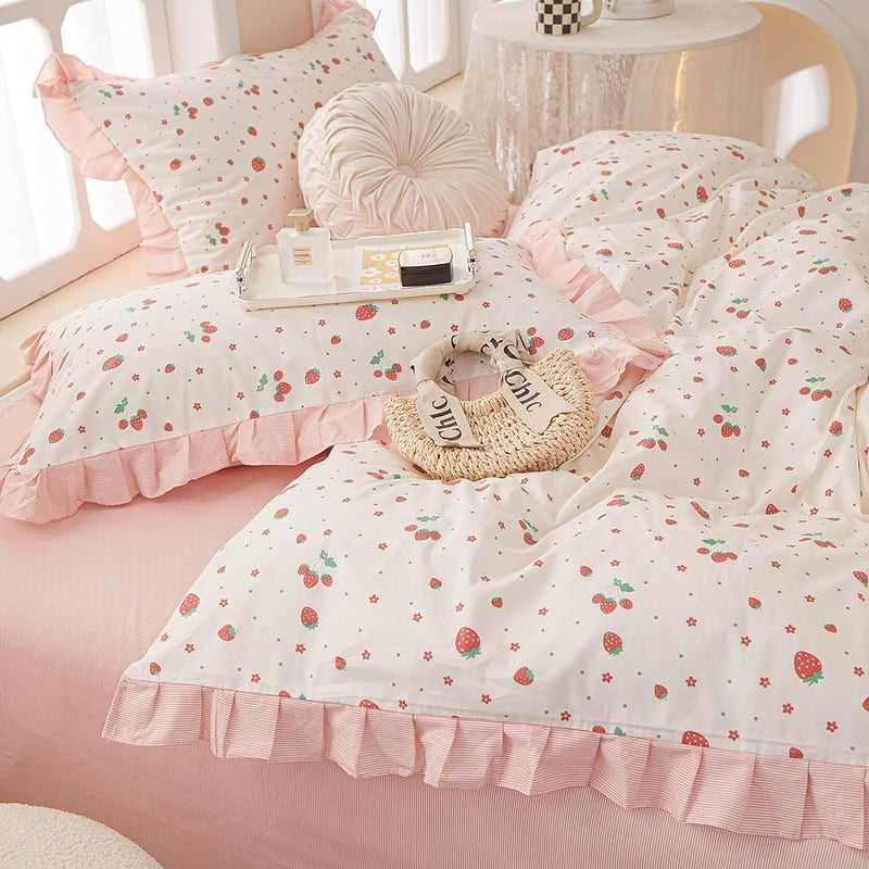 MKXI Strawberry Print Comforter Set - Pink and White Ruffled Bedding with Floral Accents, Soft Microfiber, 3-Piece Queen Size, Lightweight and Cozy for Kids, Teens, and Adults - Image 3