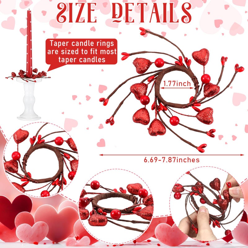 Canlierr 12 Pcs Valentines Taper Candle Rings Wreaths Decorations 1.77 Inch Mini Red Heart Taper Candleholder Wreaths for Valentines Holiday Wedding Home Table Centerpiece Candlesticks Decor - Image 2