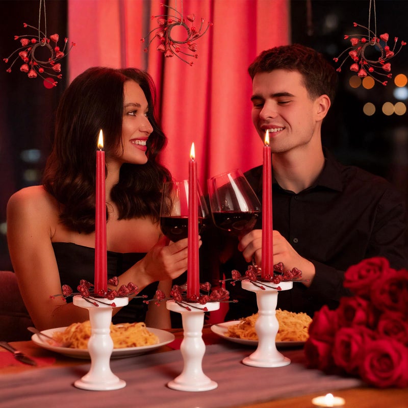 Canlierr 12 Pcs Valentines Taper Candle Rings Wreaths Decorations 1.77 Inch Mini Red Heart Taper Candleholder Wreaths for Valentines Holiday Wedding Home Table Centerpiece Candlesticks Decor - Image 5