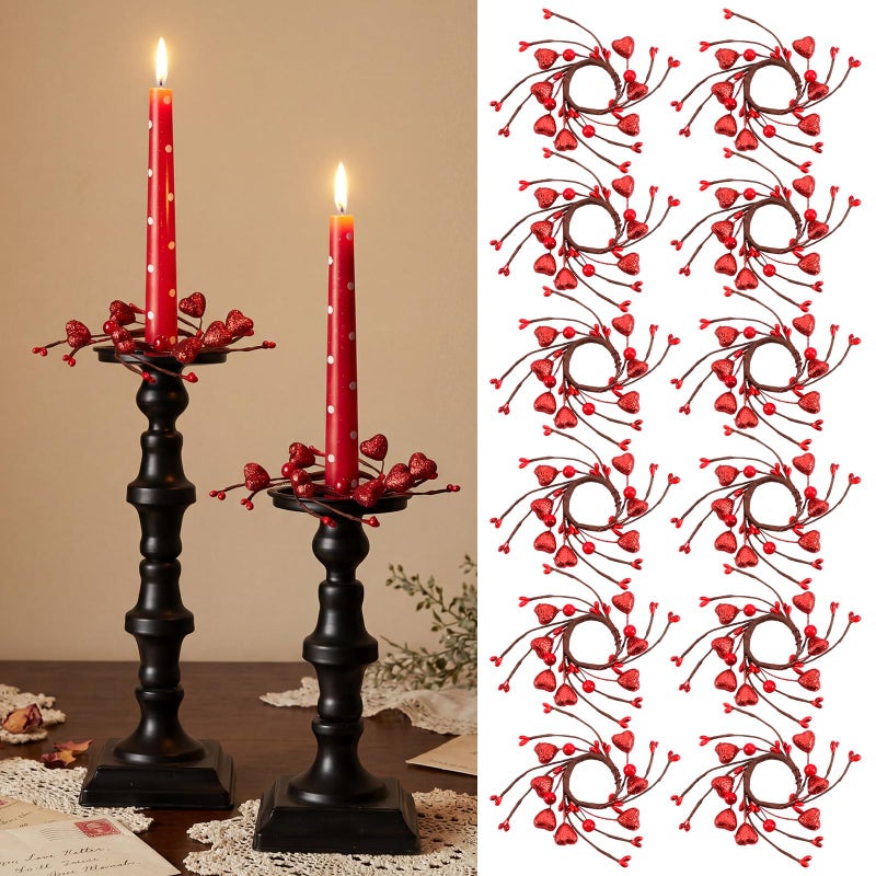 Canlierr 12 Pcs Valentines Taper Candle Rings Wreaths Decorations 1.77 Inch Mini Red Heart Taper Candleholder Wreaths for Valentines Holiday Wedding Home Table Centerpiece Candlesticks Decor - Image 1
