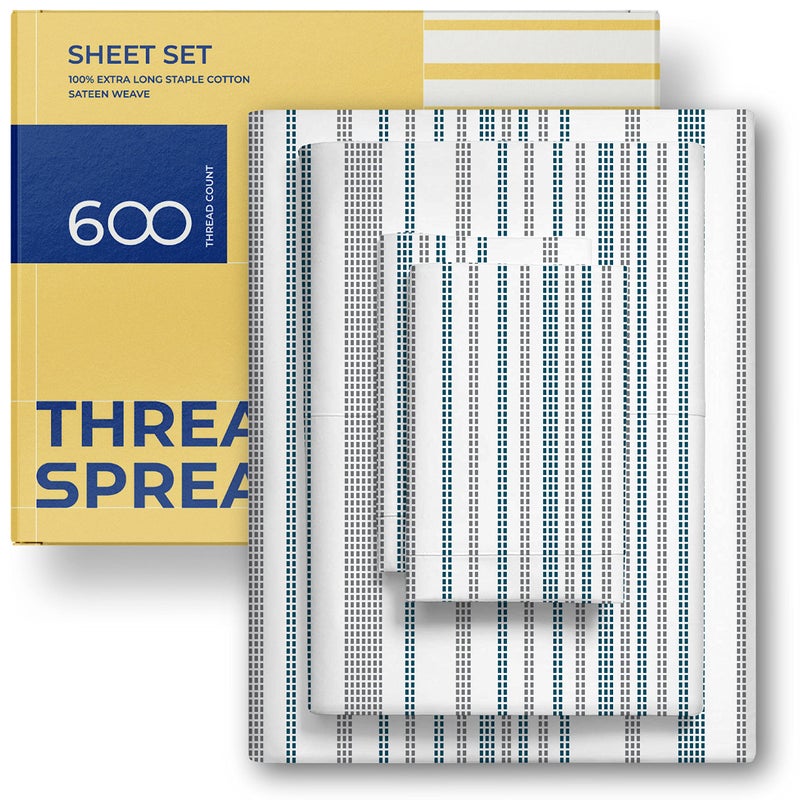 THREAD SPREAD 100% Egyptian Cotton Printed Bed Sheets - 600 Thread Count 4 PC Full Sheet Set  Hotel Luxury Sateen Bedsheets  16"" Deep Pocket Soft Cooling Sheets for Full Size Bed - Dotted Stripe - Image 1