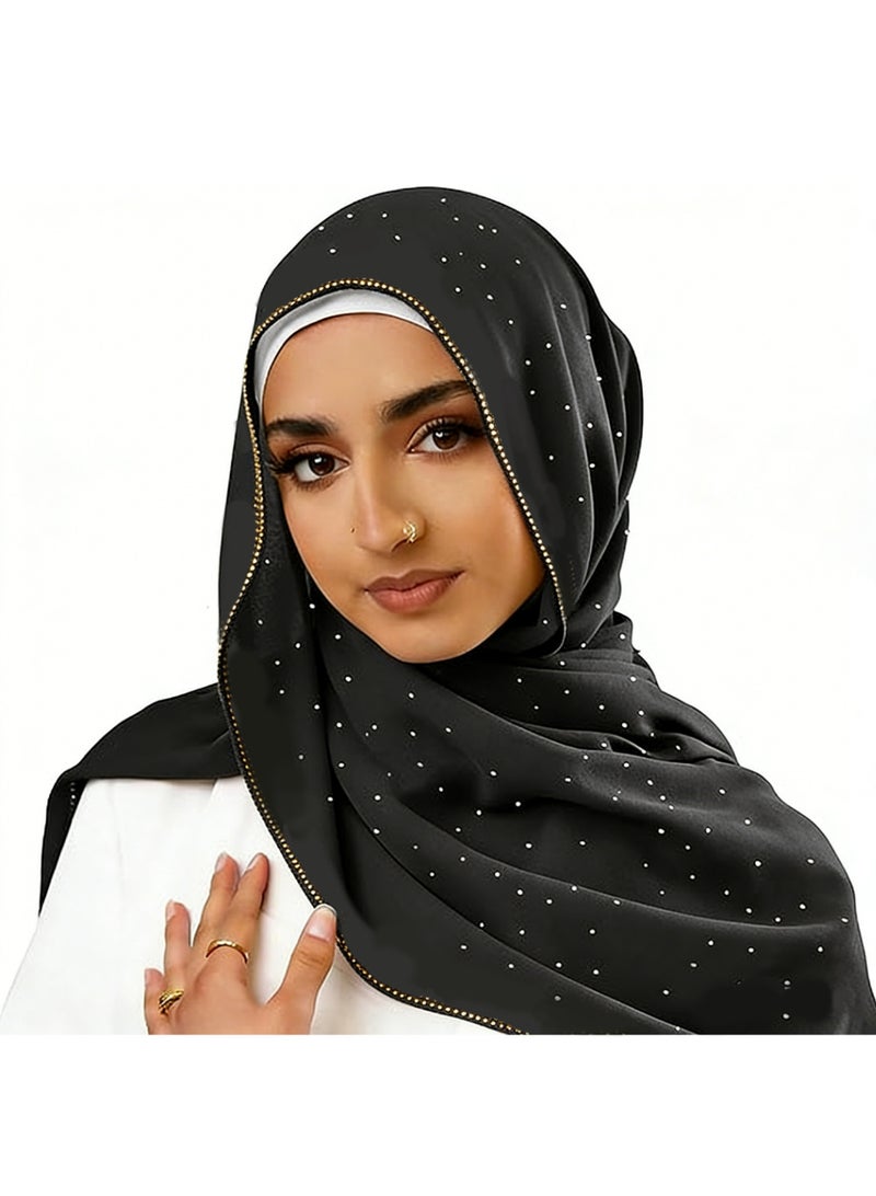 بينكو حجاب عربي نسائي ، وشاح رأس شيفون طويل من حجر الراين الناعم للنساء ، غطاء رأس إسلامي ، غطاء رأس متواضع للحماية من فوق البنفسجية جيد التهوية ، 180 × 70 سم - Image 1