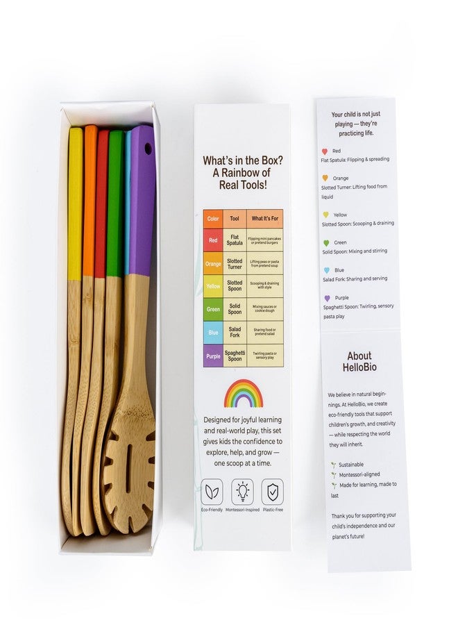 HelloBio Rainbow Bamboo Kitchen Utensil Set for Kids - Montessori-Inspired 6-Piece Real Cooking Tools | Ages 2+ | Natural Bamboo | Color-Coded | Thoughtful Gift for Toddlers & Preschoolers - Image 3