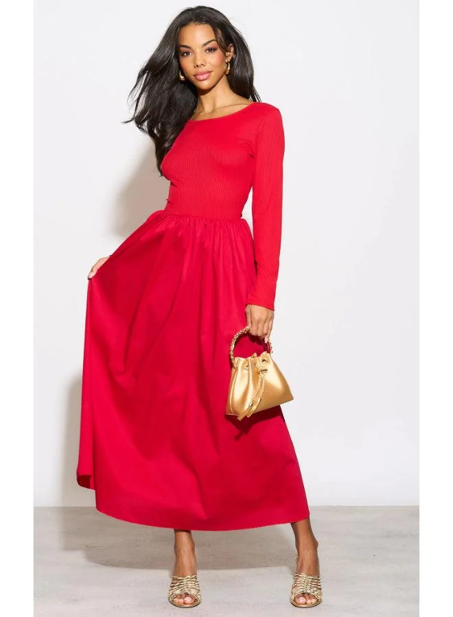 Hoxton Gal Red Relaxed Fit Maxi Dress Long Sleeves and Crew Neck