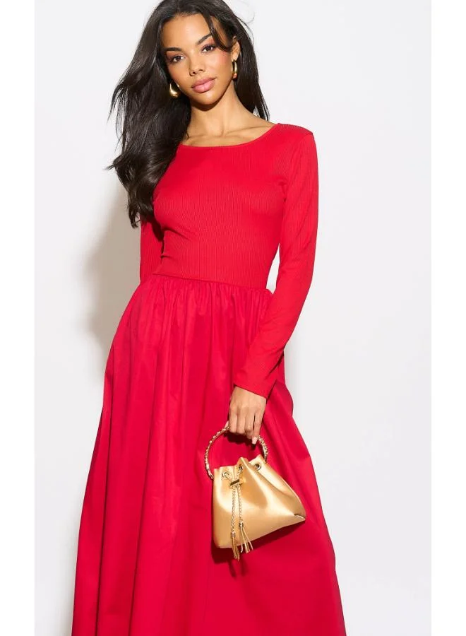 Hoxton Gal Red Relaxed Fit Maxi Dress Long Sleeves and Crew Neck