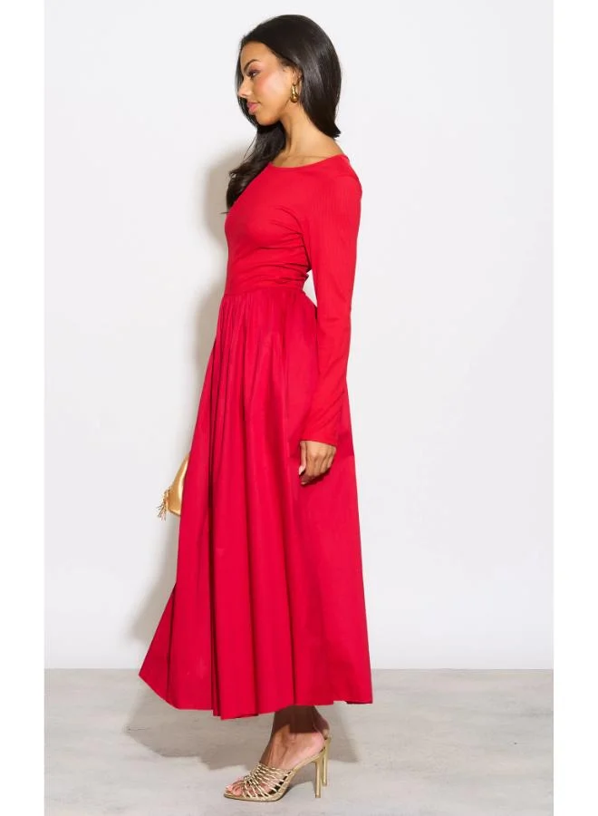 Hoxton Gal Red Relaxed Fit Maxi Dress Long Sleeves and Crew Neck