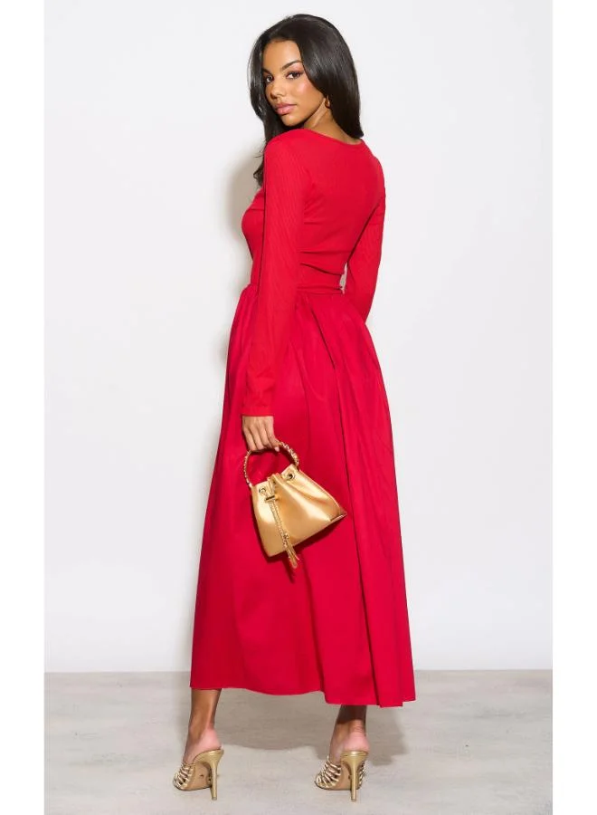 Hoxton Gal Red Relaxed Fit Maxi Dress Long Sleeves and Crew Neck