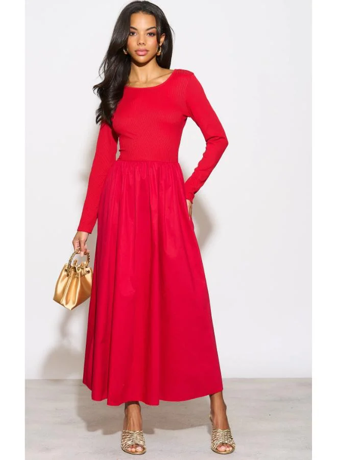 Hoxton Gal Red Relaxed Fit Maxi Dress Long Sleeves and Crew Neck