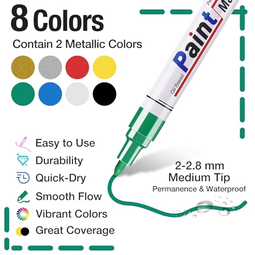 DAPAWIN Paint Pens Paint Markers, 8 Colors Medium Tip Permanent Markers Waterproof, Oil Based Marker for Metal, Rocks, Wood, Plastic, Glass, Fabric, 2-3 MM Quick Dry Oil Based Pens - Image 2