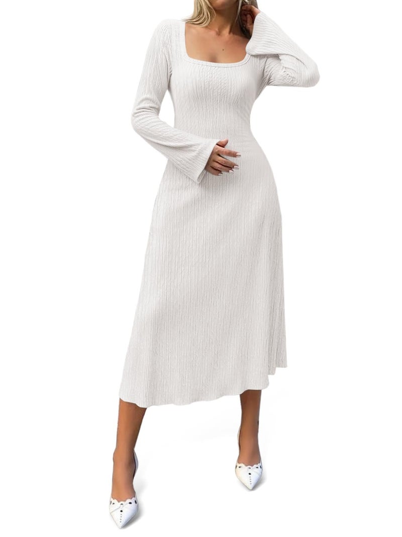 Cicy Bell Womens Sweater Dress Square Neck Maxi Dress Long Sleeve Tie Waist Fall Winter Wedding Guest Knit Midi Dresses White - Image 1