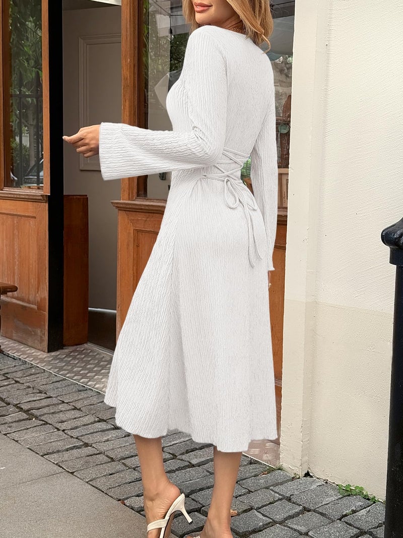 Cicy Bell Womens Sweater Dress Square Neck Maxi Dress Long Sleeve Tie Waist Fall Winter Wedding Guest Knit Midi Dresses White - Image 3