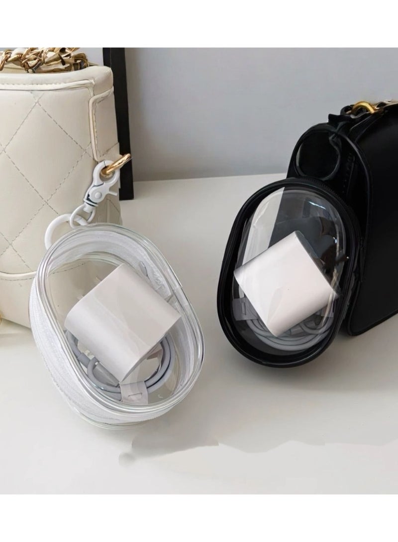 2pcs Compact Clear Storage Bags for Chargers, Earphones & Data Cables – Portable Travel Organizer Pouch, Transparent Design (Black & White) - Image 1