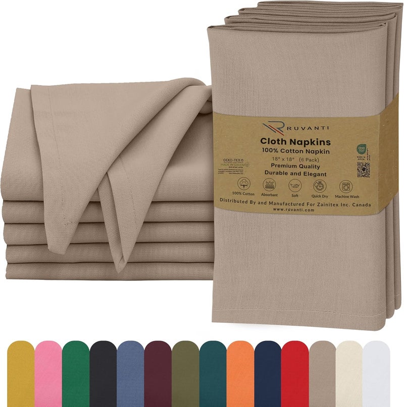 Ruvanti Cloth Napkins Set of 6, 18x18 Inches, 100% Cotton, Washable, Soft & Absorbent, Perfect for Wedding, Christmas, ‎Thanksgiving Dinners - Light Taupe - Image 1