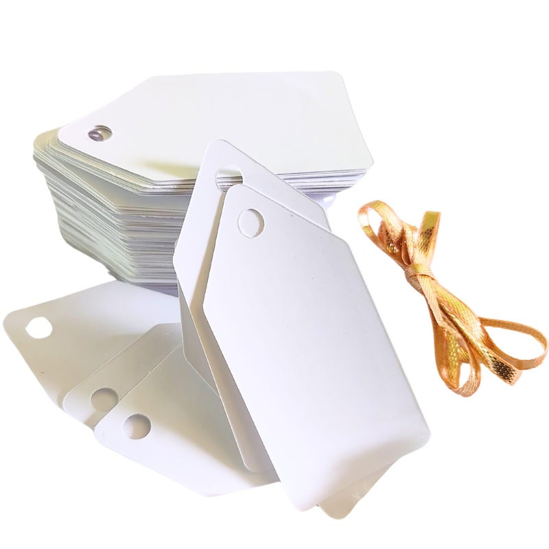 GLOBEADO White Chart Paper Price Tags, 100 Pieces, Double-Sided with Gold Ribbon (Arrow) - Image 1