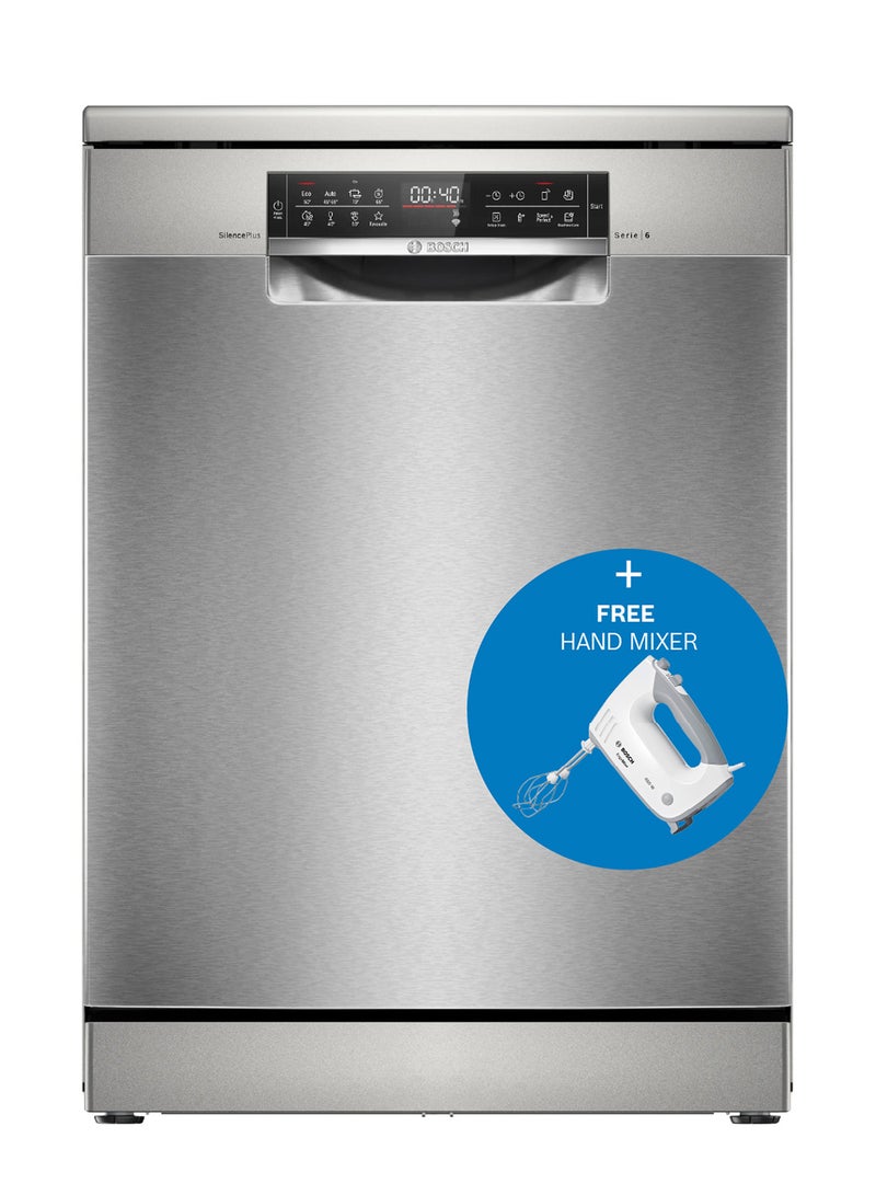 BOSCH Freestanding Dishwasher, SMS6ECI38M, 60cm, 13 Place Settings, 8 Programs, EcoSilence Drive, HygienePlus, HomeConnect, Brushed Steel, German Engineering + Free Hand Mixer SMS6ECI38M Silver - Image 1