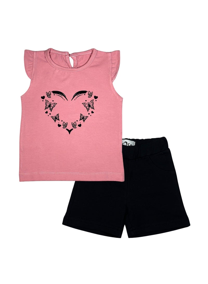 Baby Co. Butterflies Heart Girl Set (Pink T-shirt + Black Shorts) - Image 1