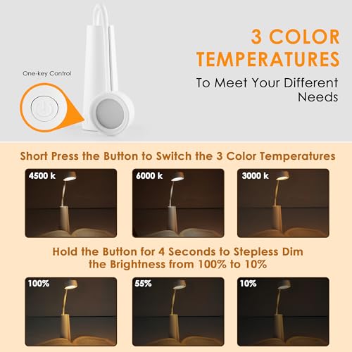 Gesto Plastic Rechargeable Led Book LightÂ–Dimmable 3 Color Temperature Portable Study Lamp For Night Reading,Detachable & Handheld Portable Desk Lamp For Working,Studying Or Looking,Study Table,White - Image 3