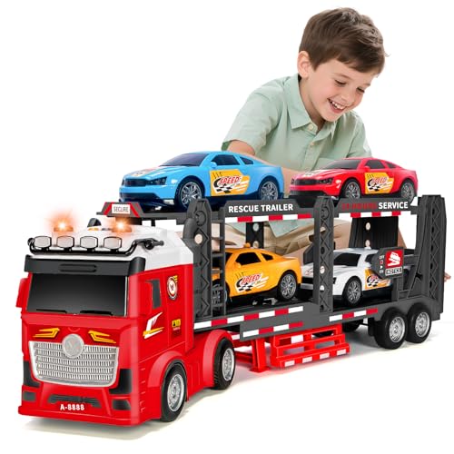 BainGesk Truck Toys Car for 3 4 5 6 8 Years Old Boys Girls Adjustable Double Decker Car Carrier Truck with Light Sound Car Hauler with Trailer Toy Large Semi Transport Toy Gifts for Toddler - Image 1