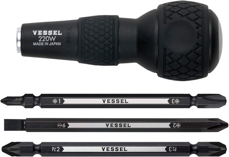 VESSEL مفك براغي قابل للتبديل بقبضة كروية 1/4" مع رأس مفك قابل للتبديل (مجموعة 3 قطع (+1، +3 / +2، -6 / PZ2، PZ3) 220W3J1) - Image 1