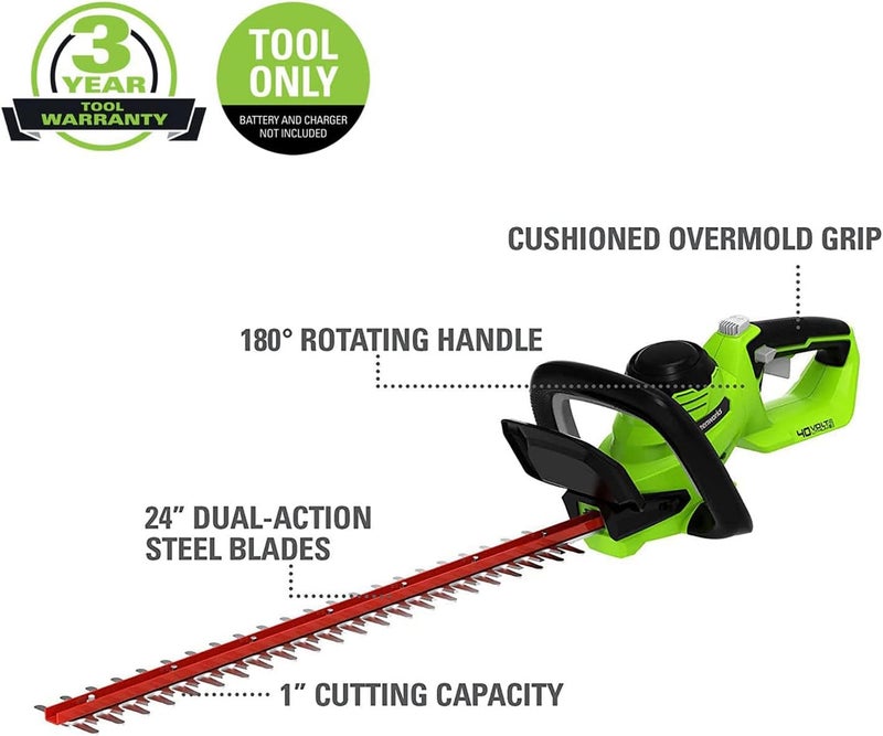 Greenworks 40V 24" Cordless Hedge Trimmer (1" Cutting Capacity), Tool Only - Image 2