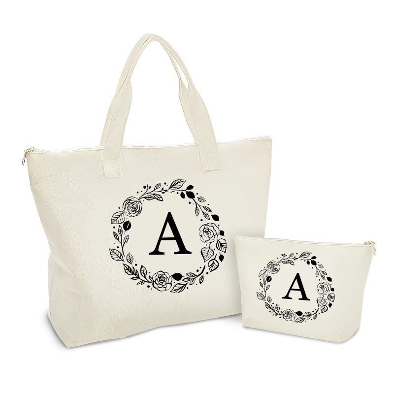 Binggemen Personalized Initial Canvas Tote Bag with Zipper Present Bag with Inner Pocket  Make Up Bag Great Gifts for Women Mom Teachers Friends Bridesmaids