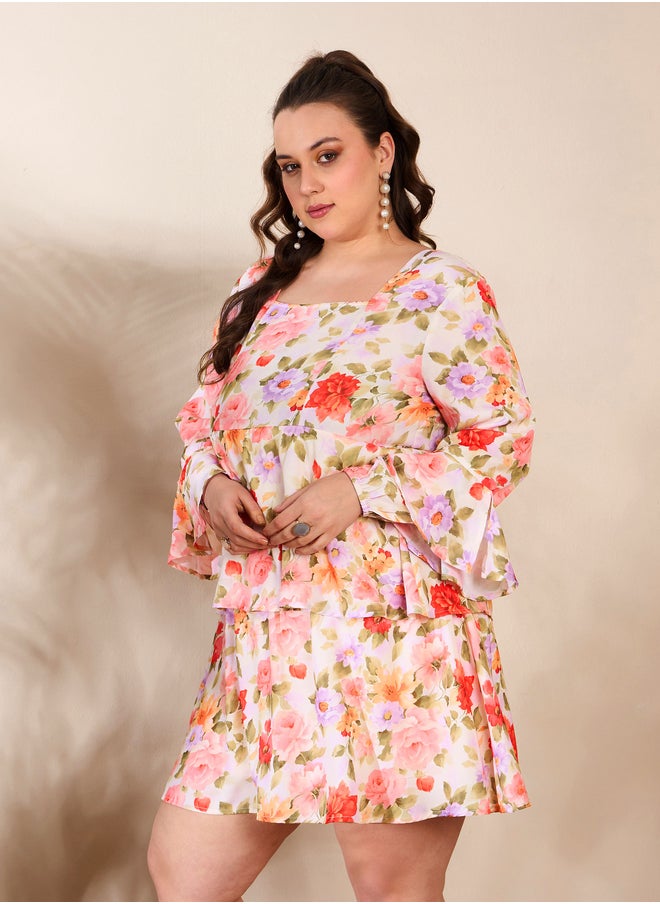 SASSAFRAS Plus Size Floral Print Tiered Short Dress  - Image 3