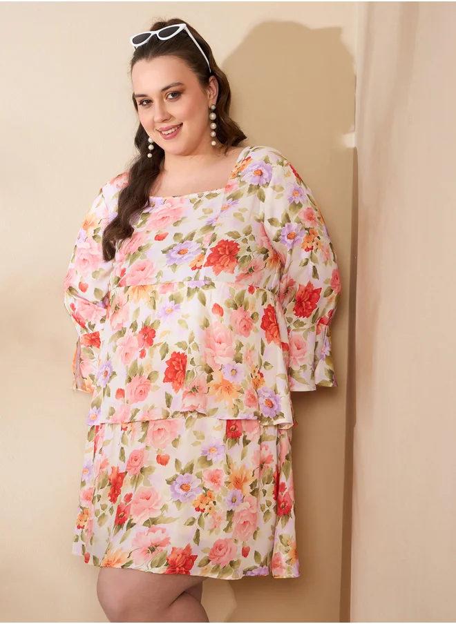 ساسافراس Plus Size Floral Print Tiered Short Dress
