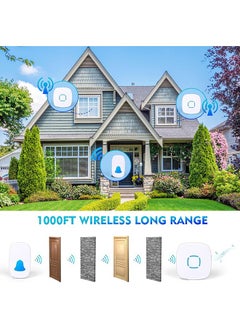 SKY-TOUCH جرس باب لاسلكي مقاوم للماء مجموعة جرس باب لاسلكي مع 36 جرس وحجم قابل للتعديل مع صوت وإضاءة LED جرس المنزل (1 جهاز استقبال و1 زر ضغط)  - Image 4